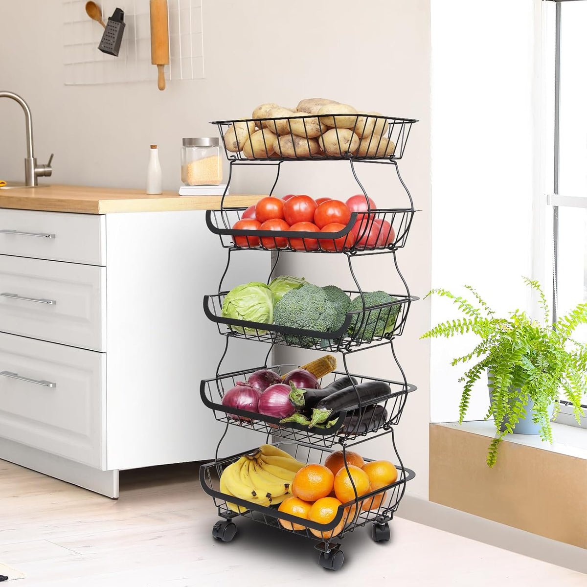Fruit Vegetable Storage Basket, Kitchen Fruit Vegetable Storage Cart, 5 Tier Stackable Metal Wire Storage Baskets with Wheels, Produce Basket Organizer Bins for Pantry, Bathroom, Black