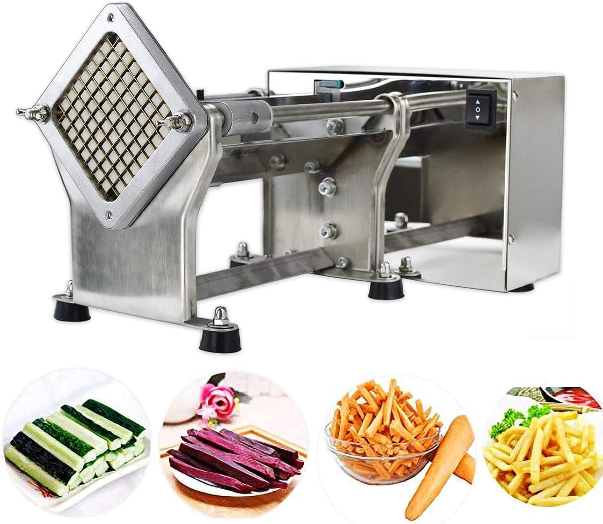 Electric French Fry Cutter Automatic Potato Chip Cutting Machine Stainless Steel Vegetable Slicer for Potatoes Carrots Cucumbers With 3 Sizes Of Replaceable Blades Suitable Commercial/Household