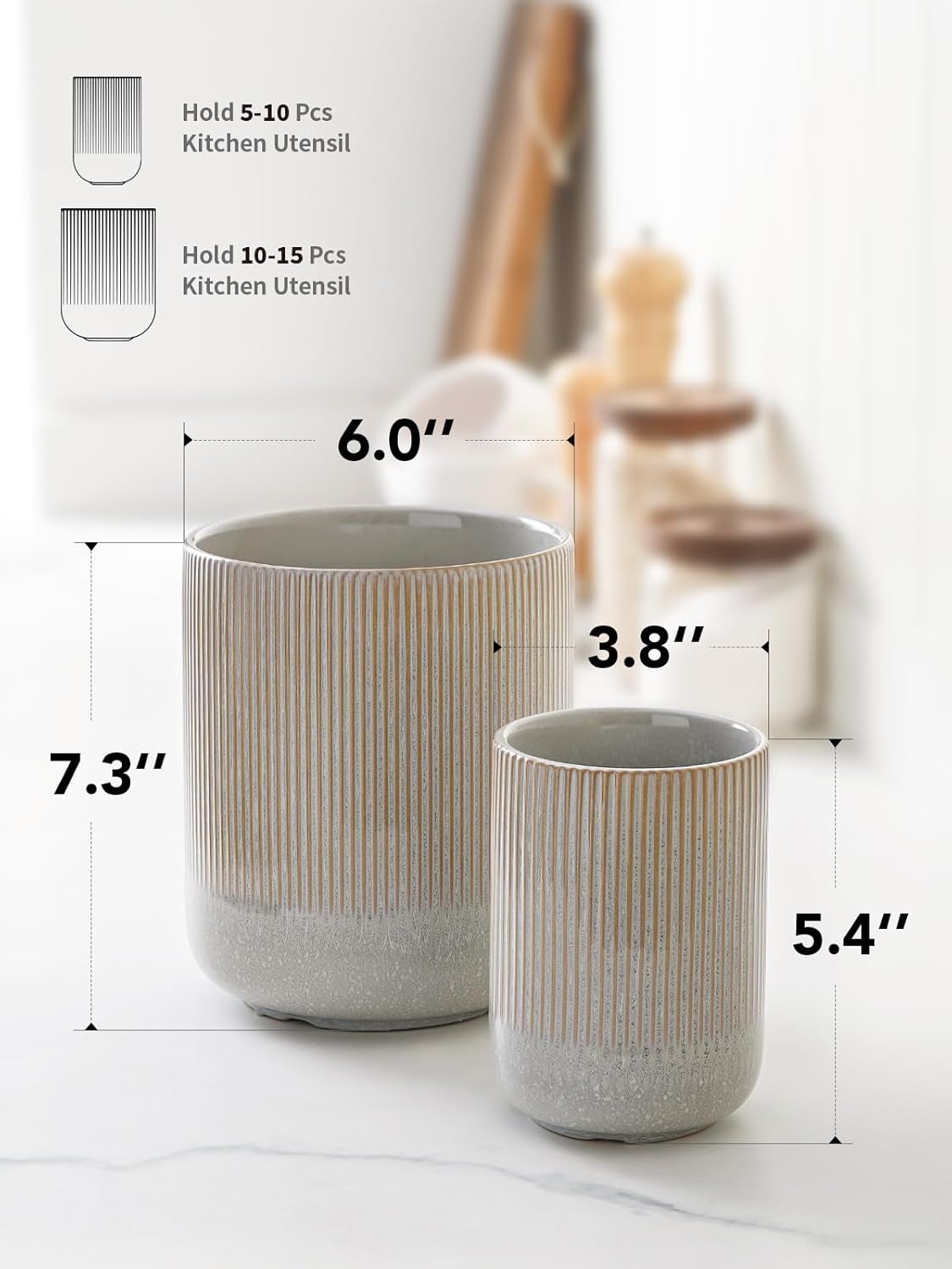 LE TAUCI Utensil Holder, 7.3"+5.4" Ceramic Kitchen Utensil Holder for Countertop, Large Cooking Utensil Crocks for Kitchen Counter, Morden Utensil Organizer for Spatula, Set of 2, Glaze Marble Gray