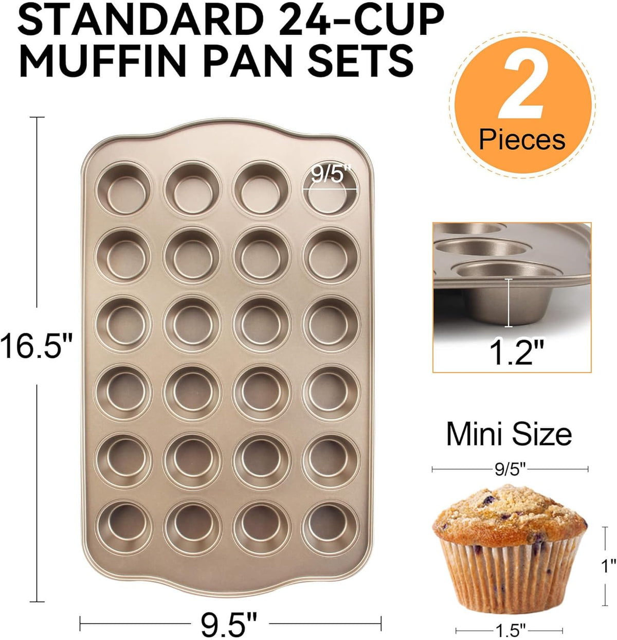 Mini Muffin Cupcake Pans 2 Pack, 24-Well Nonstick Mini Muffin Tin, PTFE Free and Dishwasher Safe