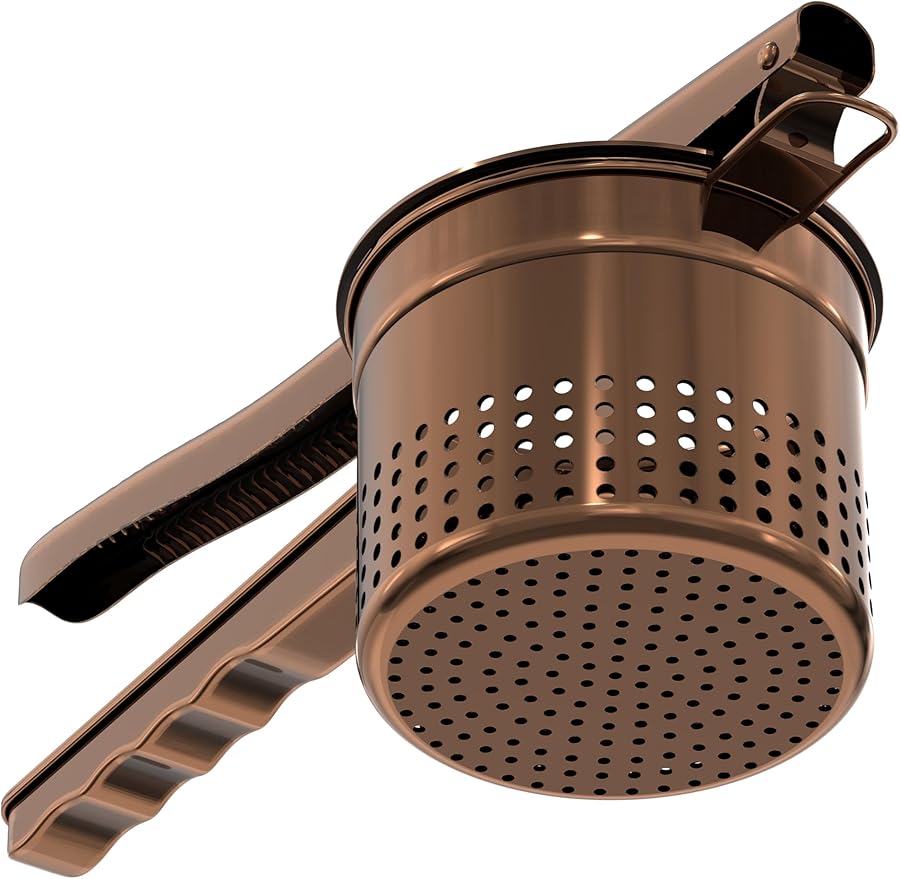Livilord Large 15oz Potato Ricer, Heavy Duty Stainless Steel Ricer for Mashed Potatoes, Sweet Potato Masher Kitchen Tool with Ergonomic Handle, Press and Mash Kitchen Gadget, Bronze Color