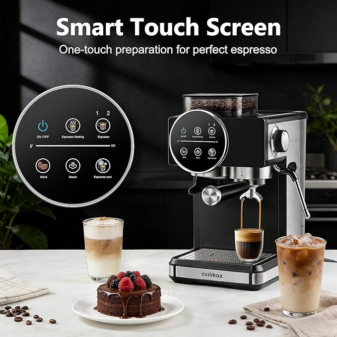 Espresso Machine with Grinder, 20 Bar Professional Expresso Coffee Machines with Milk Frother Steam Wand, Espresso Maker with 60oz Removable Water Tank, Cappuccino & Latte Machine for Home (Black)