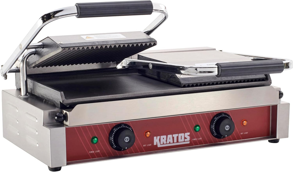 Kratos Commercial Electric Panini Sandwich Grill with Grooved Top and Smooth Bottom Plates, 18.7"x9" Cooking Surface, Commercial Countertop Panini Press, 120V, 3500W (29Y-025)