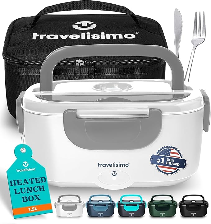 TRAVELISIMO Electric Lunch Box for Adults 100W Heated Lunch Box For Men 1.5L Stainless Steel Portable Food Warmer, 12/24/110V for Travel & Work, Loncheras Electricas Para Calentar almuerzo