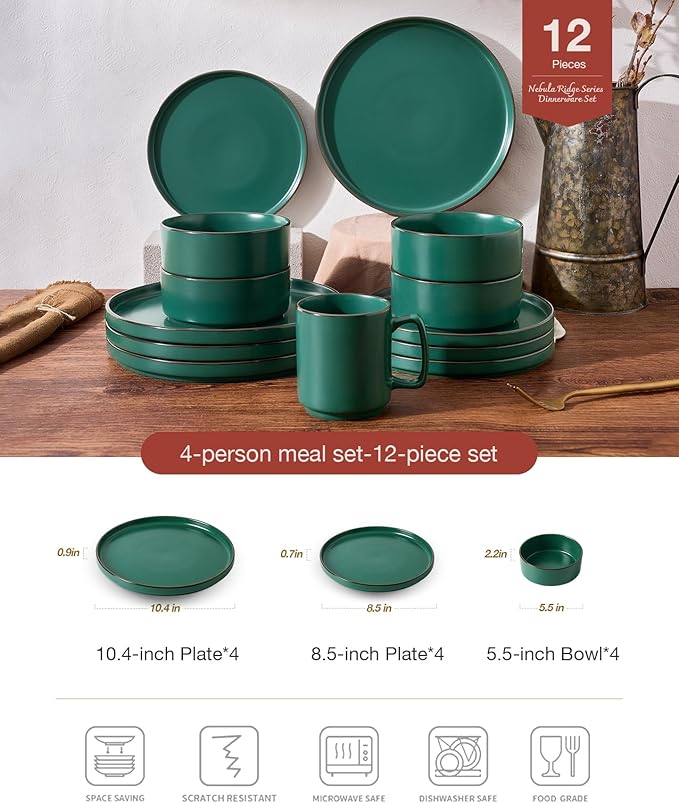 Famiware Nebula Ridge Stoneware Dinnerware Sets, Plates and Bowls Sets for 4, 12 Pieces Dishes Set, Microwave and Dishwasher Safe Kitchen Plates, Dark Green