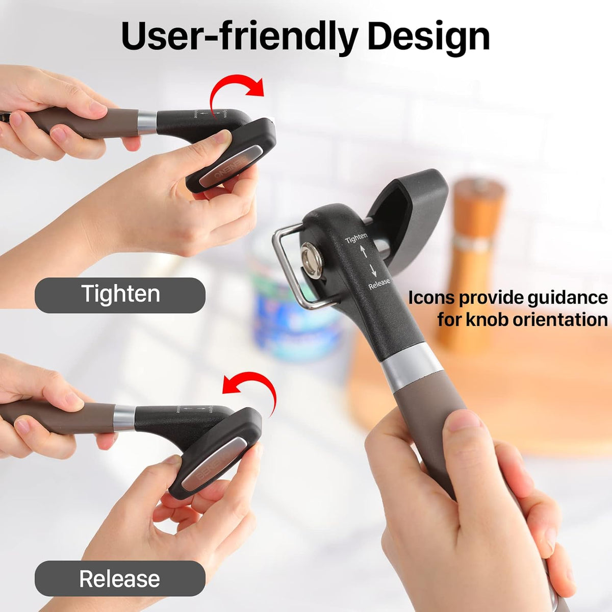 Beneno Can Opener, Manual Side Safe Cut Can Opener Smooth Edge with Durable Sharp Blade, Effort-Saving Knob & Comfortable Non-slip Handle, Brown