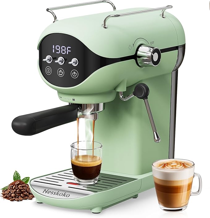 Espresso Machine with Steam Milk Frother Semi Automatic 20 Bar Compact Green with Toggle Switch for home Cafetera Espresso, Latte, Cappuccino, Americano, Macchiato