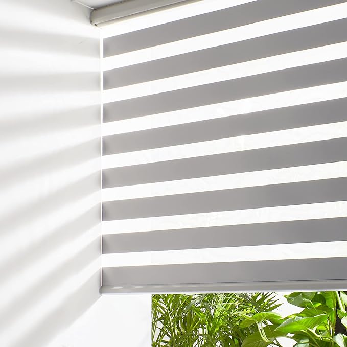 Persilux Cordless Zebra Blinds for Windows (35" W X 64" H, Grey) Free-Stop Roller Windows Shades Dual Layer Light Control for Day and Night, Light Filtering Sheer Shades for Home, Easy to Install