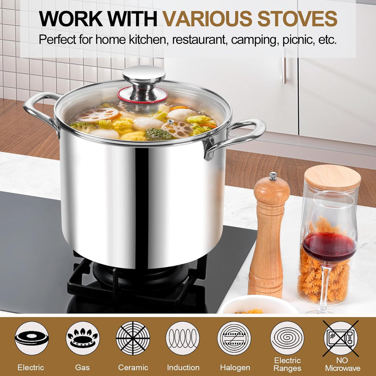 P&P CHEF 12 Quart Tri-Ply Stainless Steel Stockpot, Stock Pot with Visible Lid for Soup Pasta Vegetable, Induction Cooking Pot for All Stoves, Sturdy & Double Handle, Dishwasher Safe