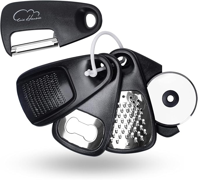 Kitchen Gadgets Set 5 Pieces, Space Saving Cooking Tools Kitchen Accessories - Fruit/Vegetable Peeler, Cheese/Chocolate Grater, Bottle Opener, Pizza Cutter, Garlic/Ginger Grinder Gift Set (Black)