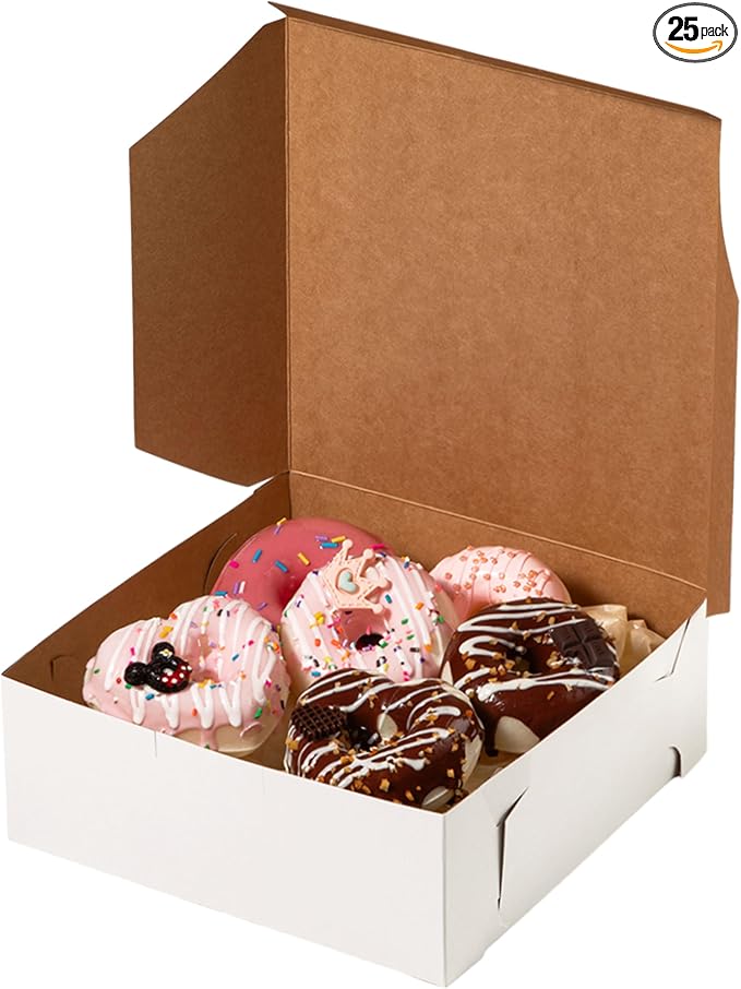 Fit Meal Prep [25 Pack] Pastry Boxes 8x8x3 White Bakery Box for Cookies, Compostable Kraft Paper Cardboard for Baked Goods Packaging, Cake, Food, Donut, Cupcake, Candy, Bread, Bridesmaid Gift Box