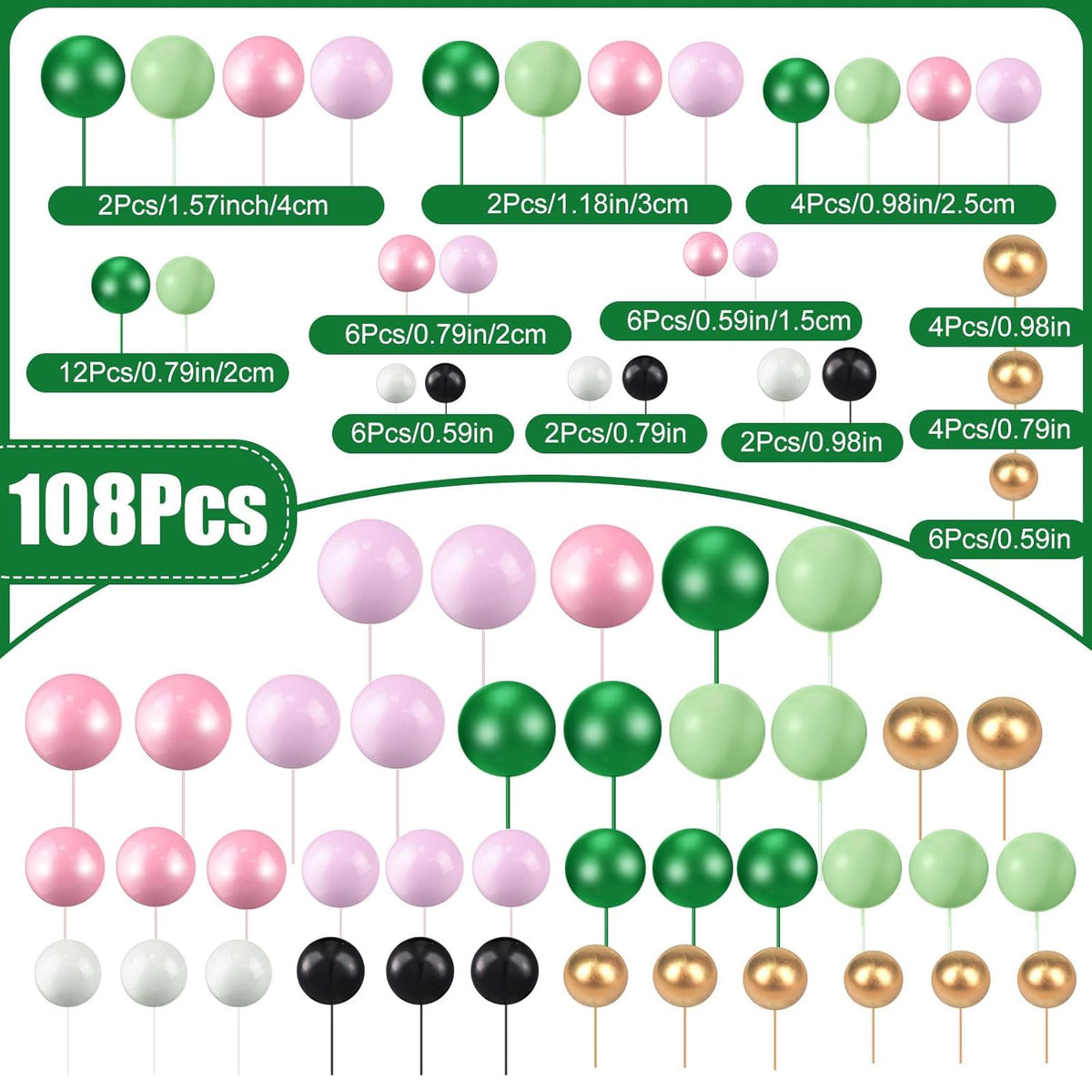 108 Pcs Balls Cake Topper DIY Cupcake Insert Foam Balloons for Cake Baking Wedding Anniversary Birthday Decoration(Vivid Color,Multi Sizes)