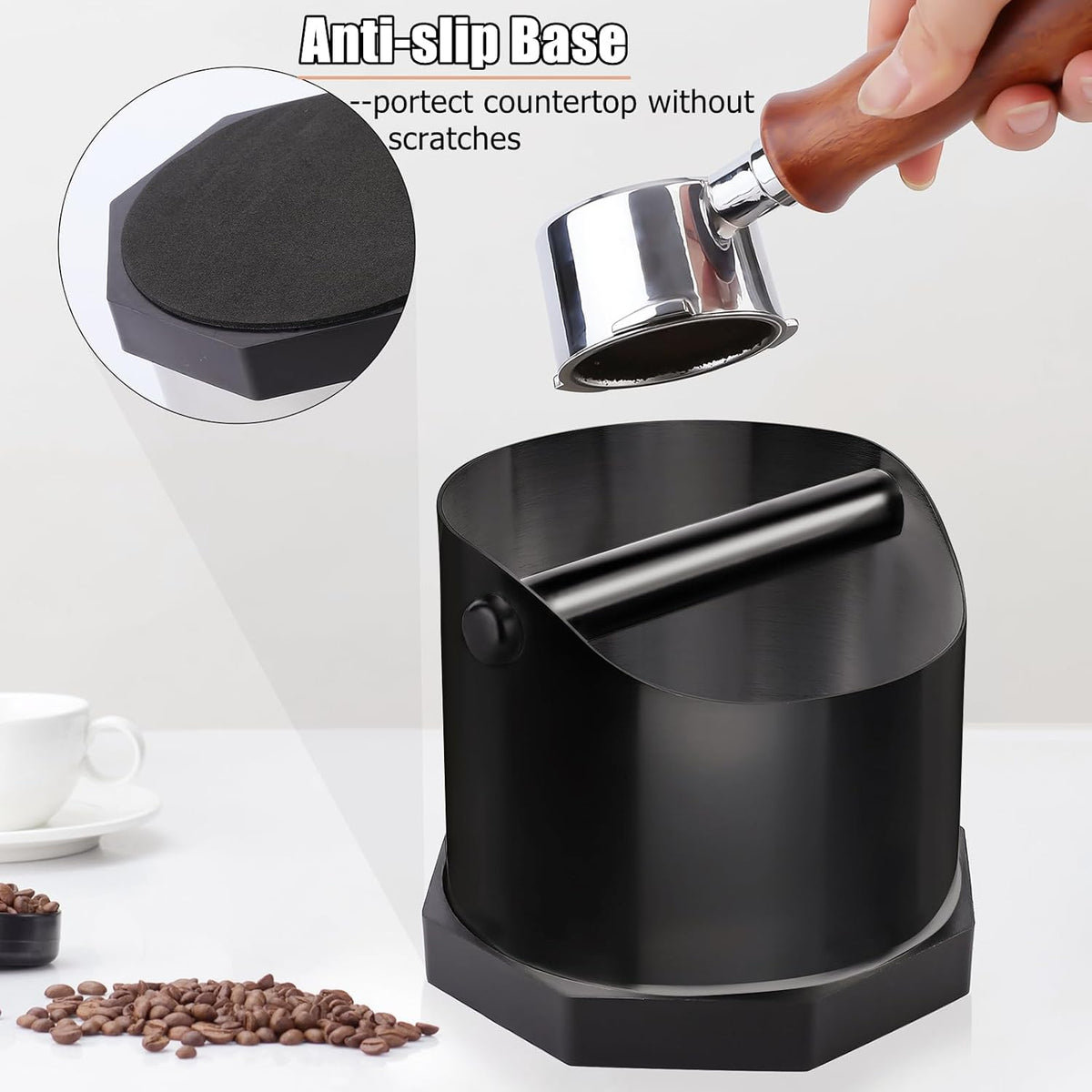 Coffee Knock Box, Large Capacity Espresso Knock Box with Non-Slip Base, Coffee Measuring Cup, Coffee Puck Knock Box Stainless Steel for Espresso Machine Coffee Grounds (Black)