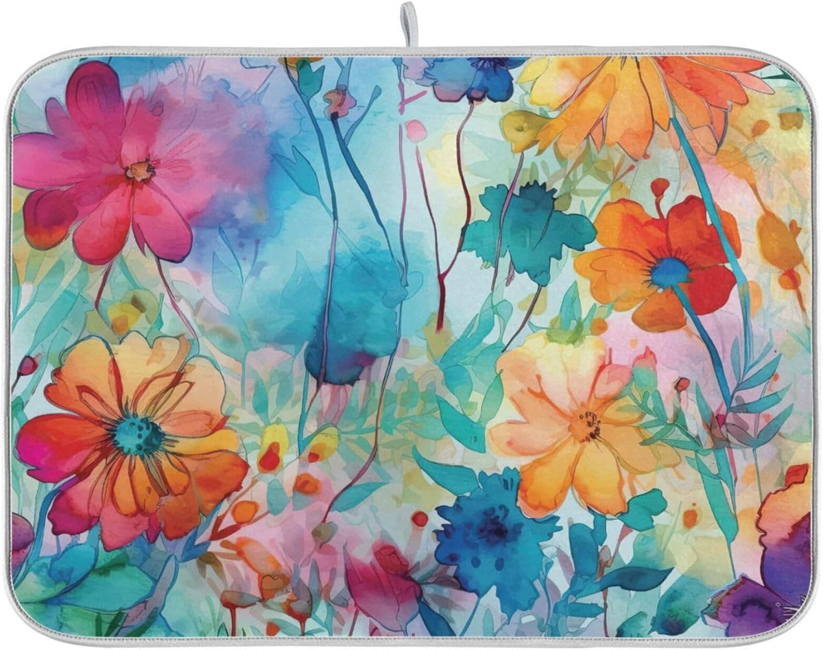 Colorful Beautiful Flowers Dish Drying Mat for Kitchen Counter Absorbent Microfiber Drying Pad, Medium 16x18 in, Reversible Drainer Mats