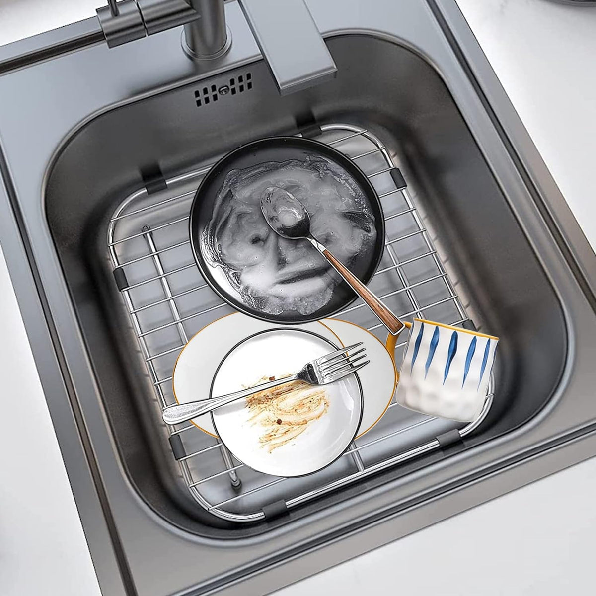 Orgneas Sink Protectors for Kitchen Sink, Universal Double Bowl Sink Bottom Grid 13.2"x11.6"x1.25", 304 Premium Stainless Steel Kitchen Sink Protector Grid Sink Grate Rack Rear Drain 2 Packs
