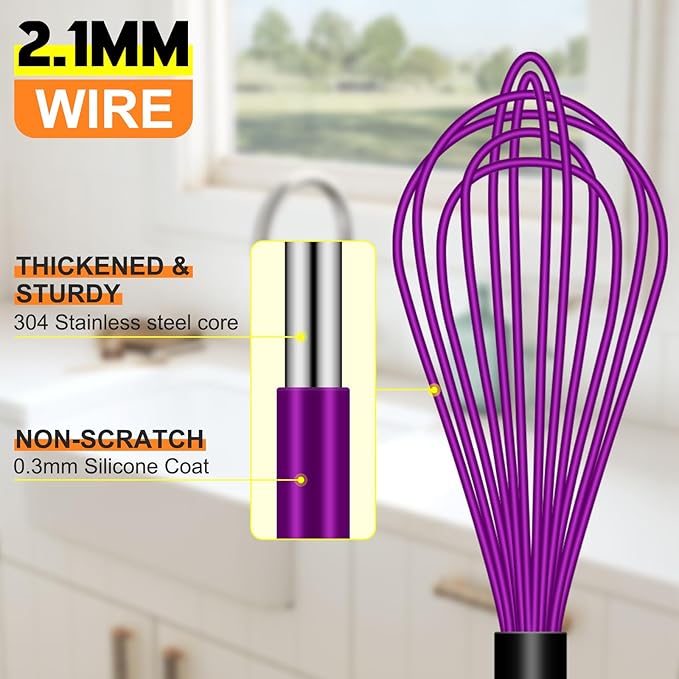 HOTEC 4 Pieces Silicone Whisks for Cooking, Wire Balloon Whisks Egg Beater, Non-slip Handle Whisk for Non-stick Cookware Perfect for Cooking, Stirring, Beating and Blending (Purple)