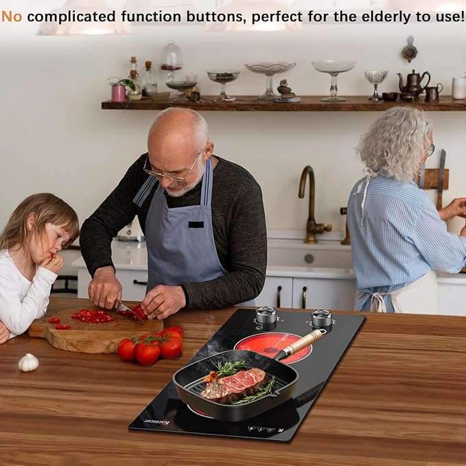 Karinear 110V Electric Cooktop 2 Burners Electric Stove 12 Inch Knob Control Countertop & Built-in Ceramic Cooktop, 9 Heating Level, Hot Warning, Over-Temperature Protection(Silver Knob)