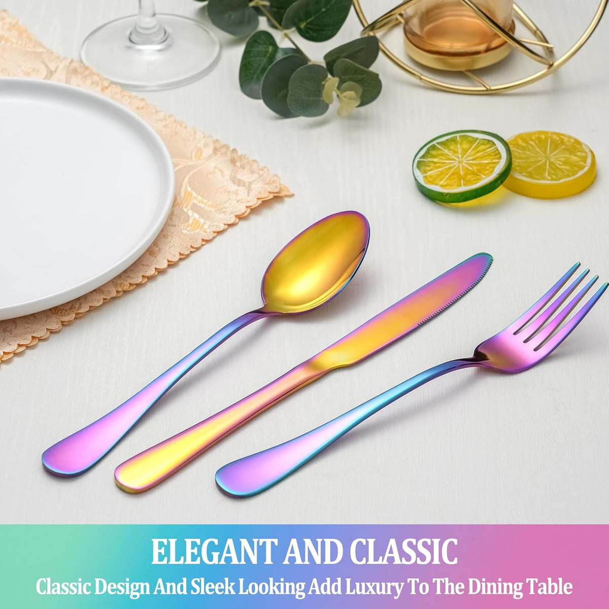 30 Pcs Rainbow Silverware Set Service for 6,Stainless Steel Flatware Serving Sets,Kitchen Tableware Set,Utensil Set for Home and Restaurant,Knives Forks Spoons Set,Mirror Polished,Dishwasher Safe