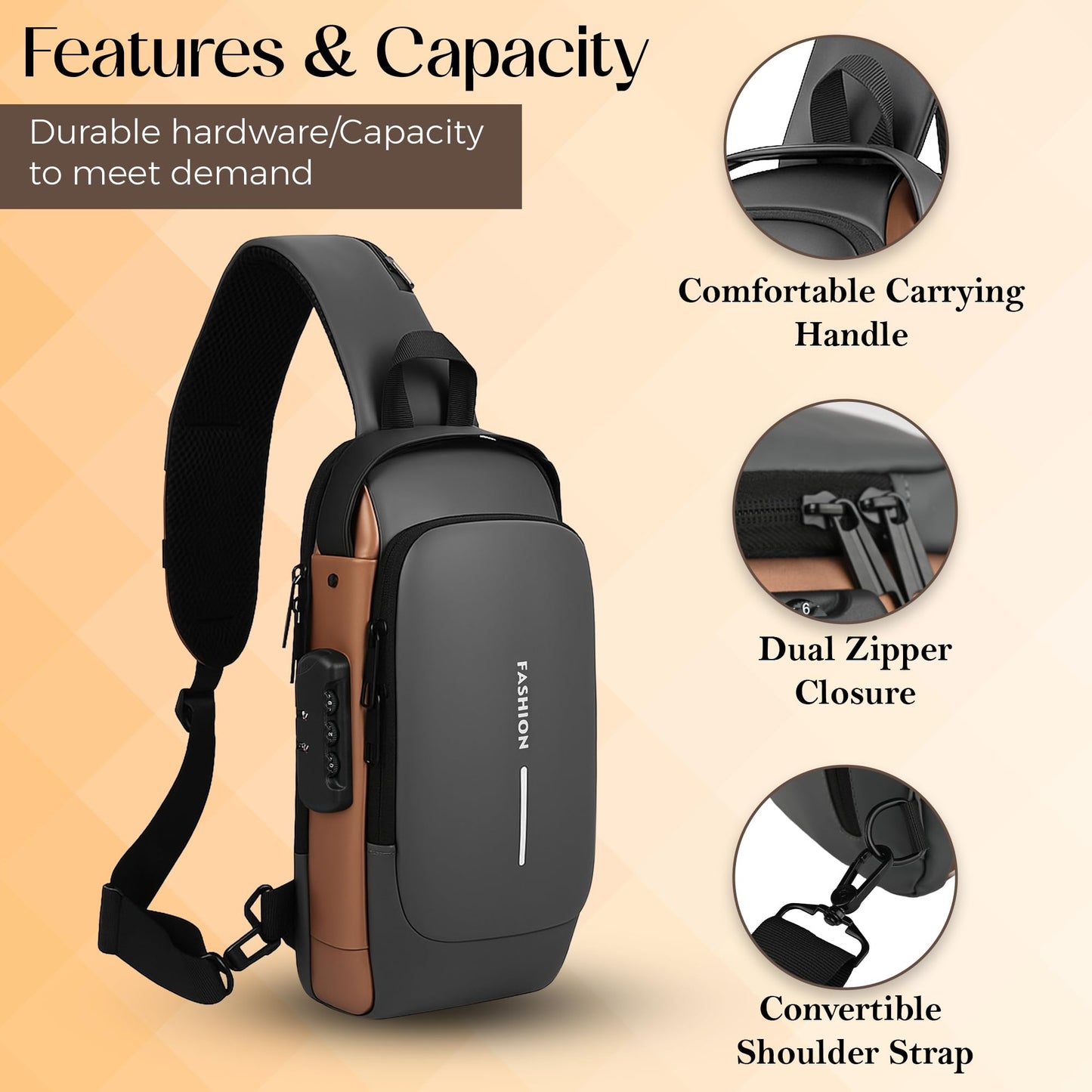 TS WITH TECHSUN Anti-Theft Sling Bag for Men with USB Port – Water-Resistant Chest Crossbody Backpack - Travel, Work, Cycling