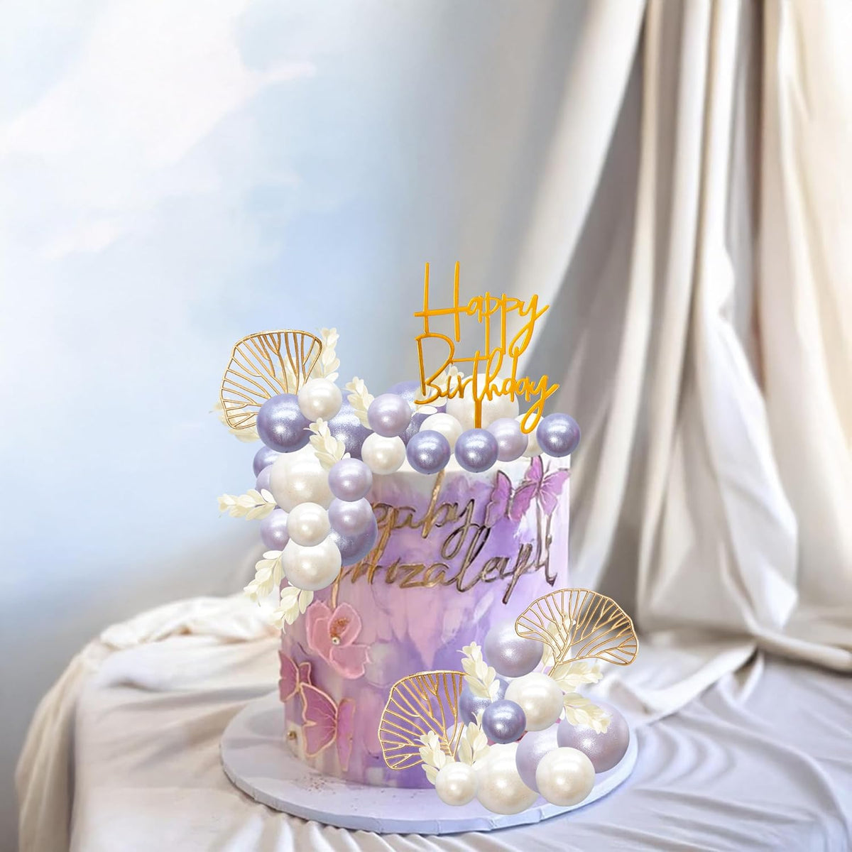 Gyufise 57Pcs Purple Balls Cake Topper Boho Grass Cake topper Pearl Balls Acrylic Happy Birthday Cake Decorations for Wedding Baby Shower Birthday Boho Themed Party Supplies Pearl Purple