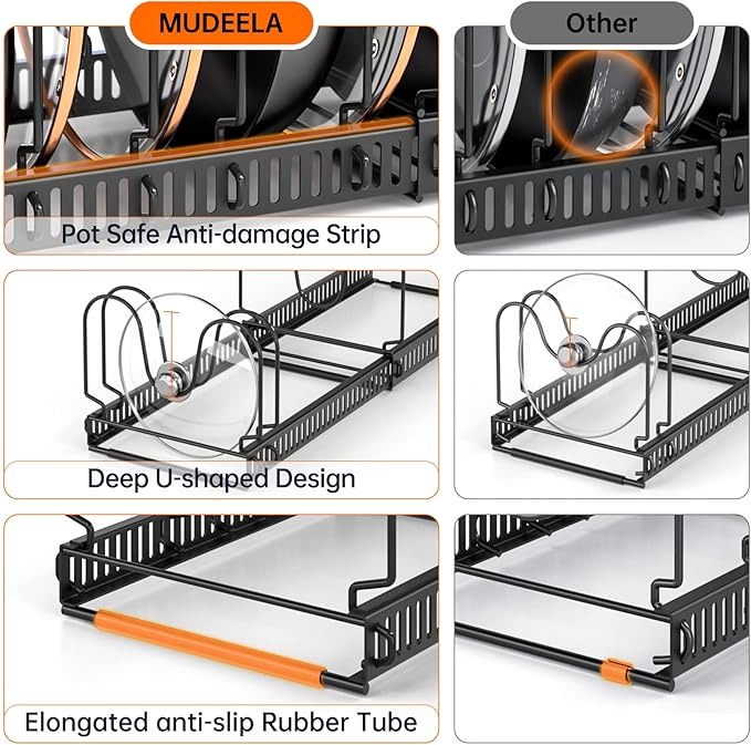 MUDEELA Pots and Pans Organizer Rack for under Cabinet, Expandable 11.81''-22.85'' Pot Lid Kitchen Cabinet Organizer Holder with 10 Adjustable Compartment Cutting Board Organizer for Pan Lid, Bakeware