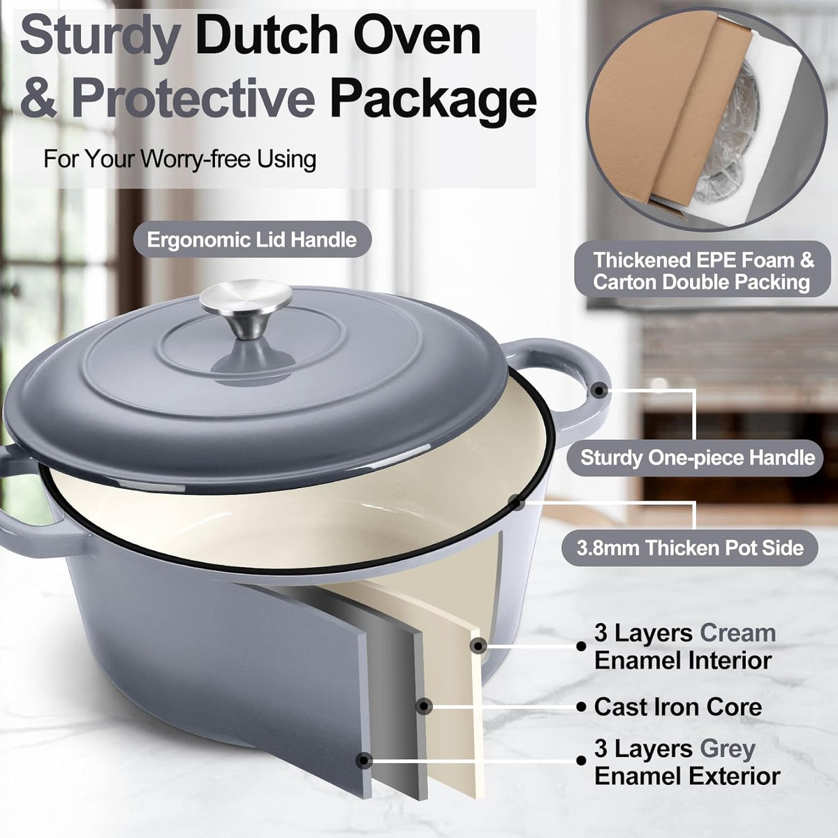 P&P CHEF 5QT Enameled Dutch Oven, Cast Iron Dutch Oven Pot with Lid for Bread Baking, Enameled Casserole Pot for Roasting Braising Stewing Frying Simmering, Various Stoves & Easy Clean, Grey