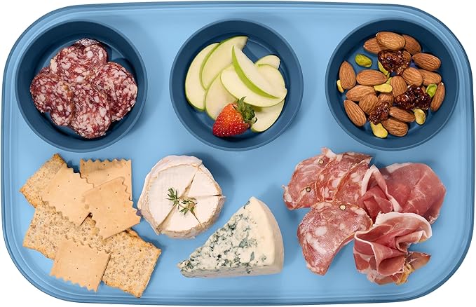 madesmart dipware 3 Bowl Serving Tray, Collapsible & Removable Dip Bowls for Charcuterie, Guacomole, Snacks, Veggies, Premium Dishwasher & Microwave Safe, Multipurpose Plate & Bowl, Blue