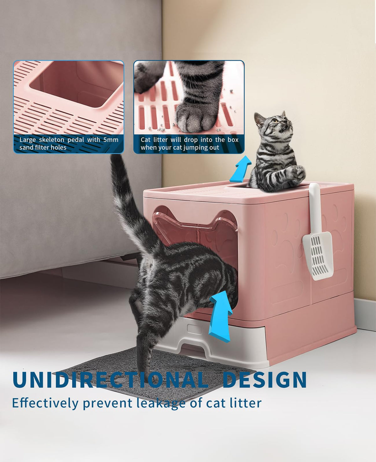Medario Cat Litter Box with Litter Mat and Scoop(Pink)