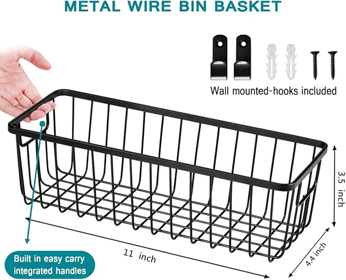 SheeChung Farmhouse Decor Metal Wire Bathroom Storage Organizer Basket Bins - for Cabinets, Shelves, Closets, Vanity Countertops, Under Sinks, Pantry, Laundry Room, Garage - Small, 2 Pack (Black)