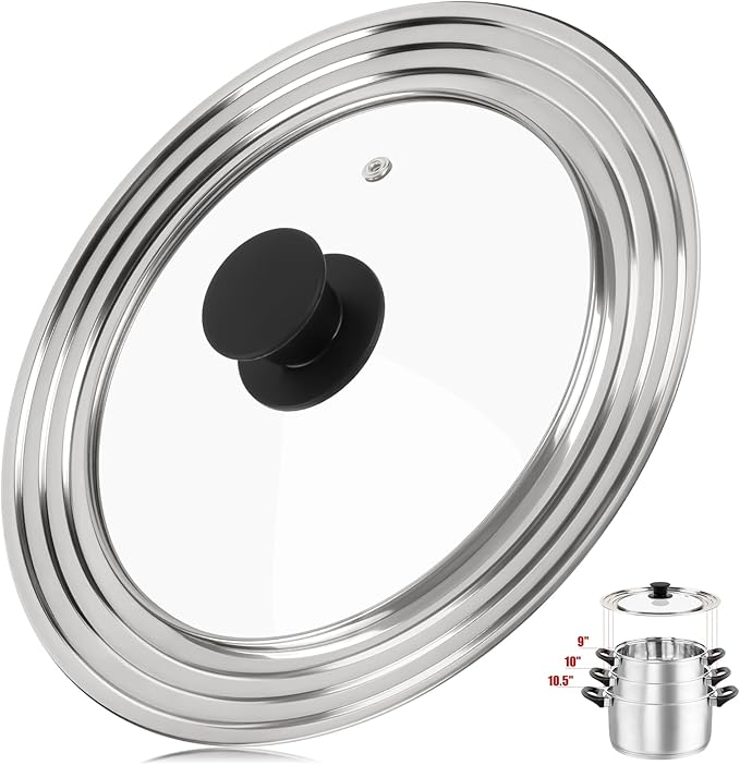 Universal Lid for Pots, Pans and Skillets, Fits 9, 10 and 10.5 Inch Cookware, Replacement Frying Pan Cover with Tempered Glass Top, Stainless Steel Cast Iron Skillet Lids - Heat Resistant Handle