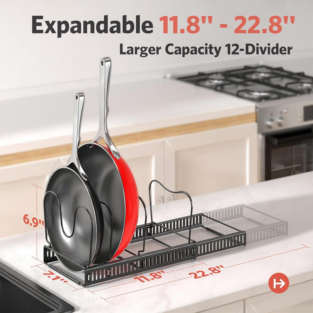 ORDORA Pots and Pans Organizer under Cabinet with Pan Holder: Expandable 11.8"-22.8" Kitchen Cabinet Organizer Rack, 12 Adjustable Dividers Storage for Cookie Sheets, Cutting Boards & Lid Cookware