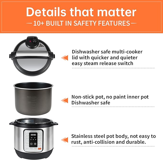 KINGBULL 12-in-1 Electric Pressure Cooker, Instant Multi-Use Non-Stick Pot, Slow Cooker, Rice Cooker, Steamer, Sauté, Yogurt Maker, Warmer &Delay Start,LED Screen& Manual(8QT)