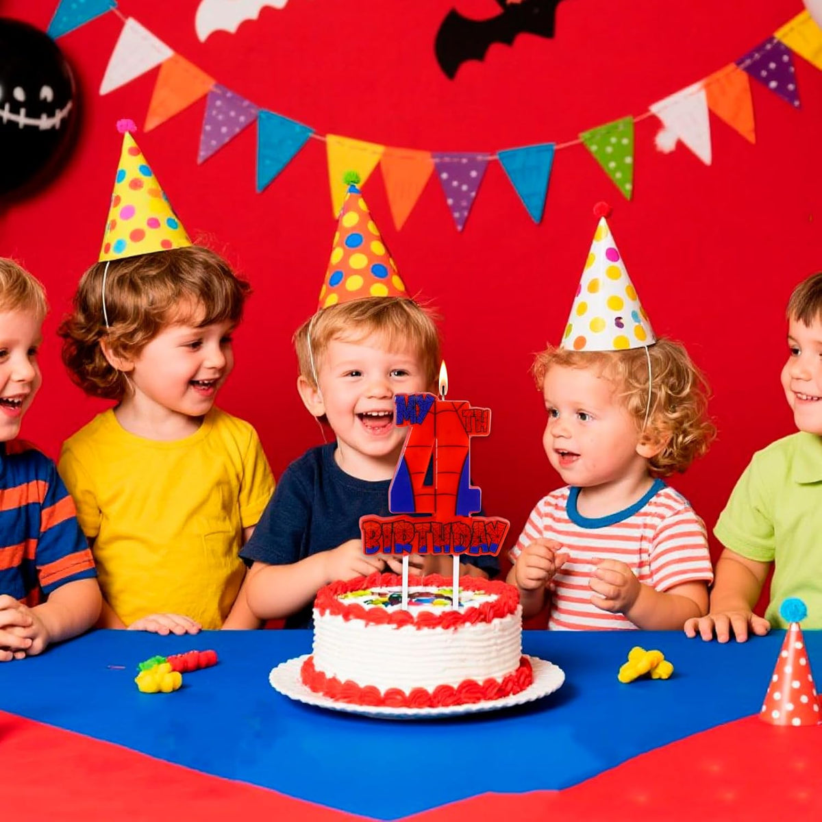 Spider Birthday Party Decorations, Number 4 Red Spider Web Happy Birthday Cake Candle for Boys Girls Spider Web 4th Birthday Party Supplies (Spider Web 4th Candle)