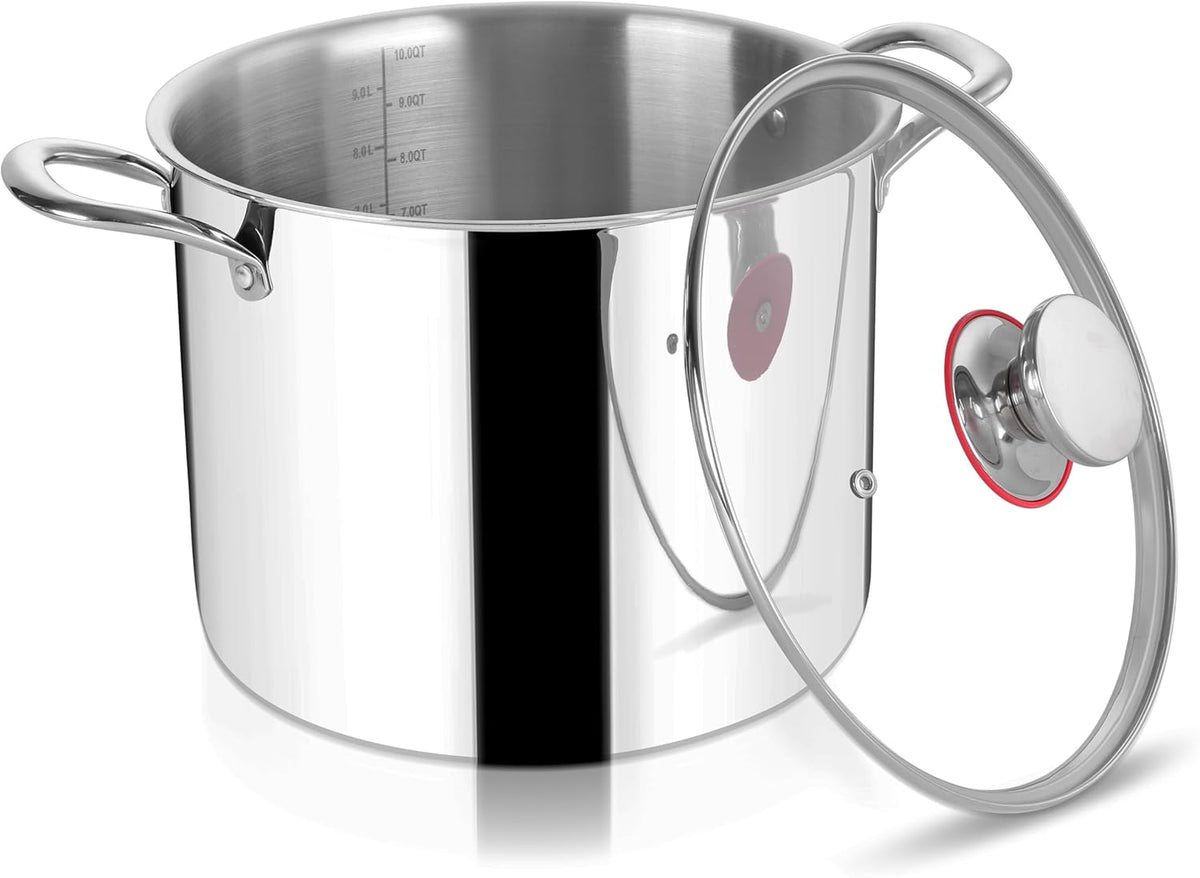Herogo 10 Quart Stock Pot, 18/10 Stainless Steel Large Cooking Pot with Lid, 10 QT Metal Pasta Stockpot for Chicken Soup, Tri-ply Big Stockpot for Induction Gas Electric Stove, Dishwasher Safe