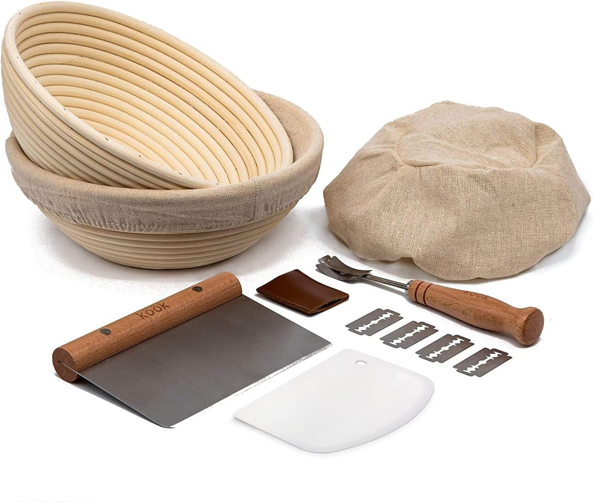 Kook Proofing Set, Sourdough Bread, 2 Rattan 9 Inch Banneton Baskets, 2 Basket Covers, Metal Scraper, Plastic Scraper, Scoring Lame, 5 Blades and Case, Baking Kit, Dough Bowls, Round Shape