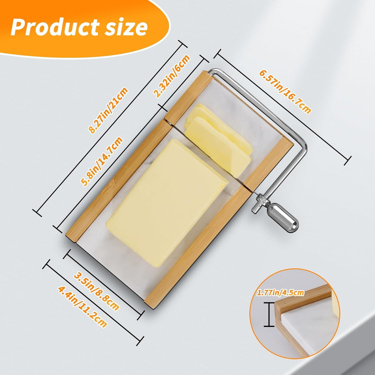 Tianman Cheese Slicer Cheese Cutter with 4 Replacement Cutting Wire,Heavy Duty 8.27"x 4.4",Marble Board Cheese Slicer for Block Cheeses, Butter,Cakes and More(White Grey)