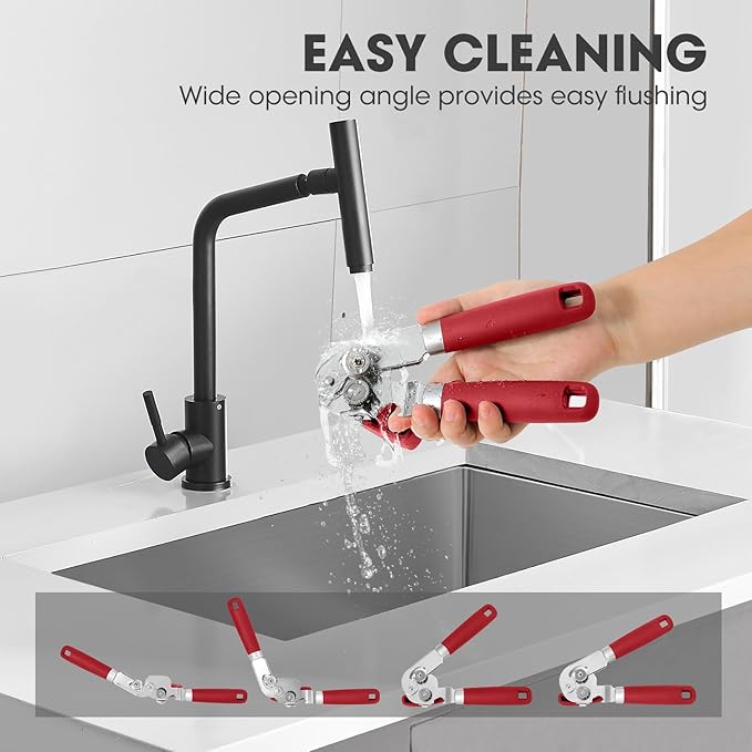 Manual Can Opener, UHIYEE Handheld Can Opener Heavy Duty with High Carbon Sharp Blade, Ease Can Open for Seniors with Comfort Grip Handles, Oversized Turn Knob, Red