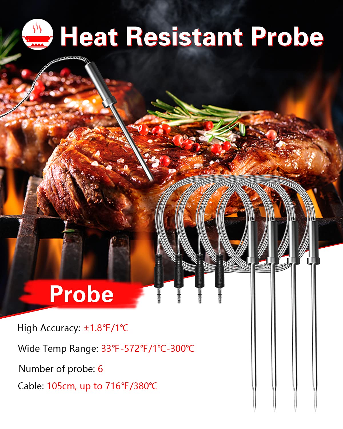 BFOUR Bluetooth Meat Thermometer Wireless Meat Thermometer, Wireless Digital Grill Thermometer with 6 Temperature Probes, Large LCD Display, Bluetooth Thermometer for Grill, Smoker, Oven and BBQ
