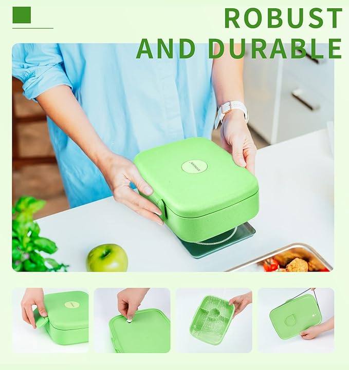 Bento Lunch Box with Kids/Adults, 5 Compartments Leakproof Lunch Container with Dressing Cup, Eco-Friendly Double Insulated Boxes, Dishwasher and Microwave Safe, BPA-Free (green)