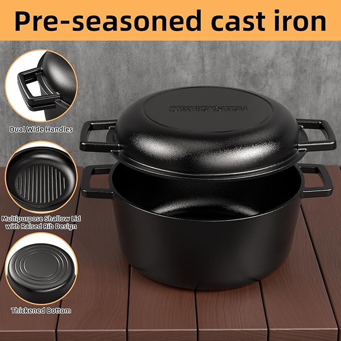 Cast Iron Dutch Oven Pot with Skillet Lid – Pre-Seasoned – Skillet Lid Cooking Pan– PFAS-Free –Umite Chef Cast Iron Skillet Cookware for Bread, Frying, Baking – Dual Handles – Oven, Grill, Campfire & Stovetop Safe – Durable & Non-Toxic, 5QT