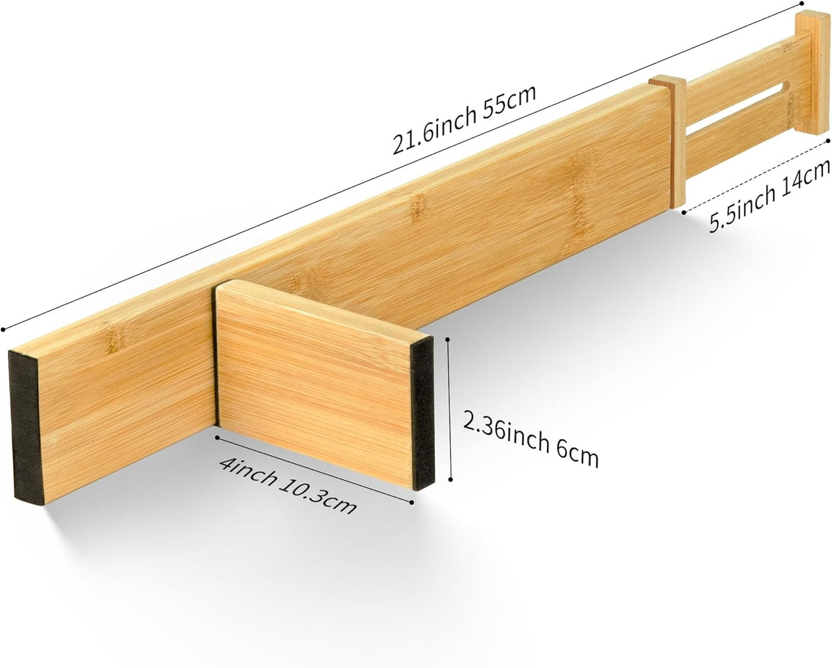 Adjustable Bamboo Drawer Dividers with Inserts, Expandable Spring-Loaded Drawer Organizer for Kitchen, Clothes, Tools, Silverware, Bamboo Organizer Separators - 4 Large Pieces