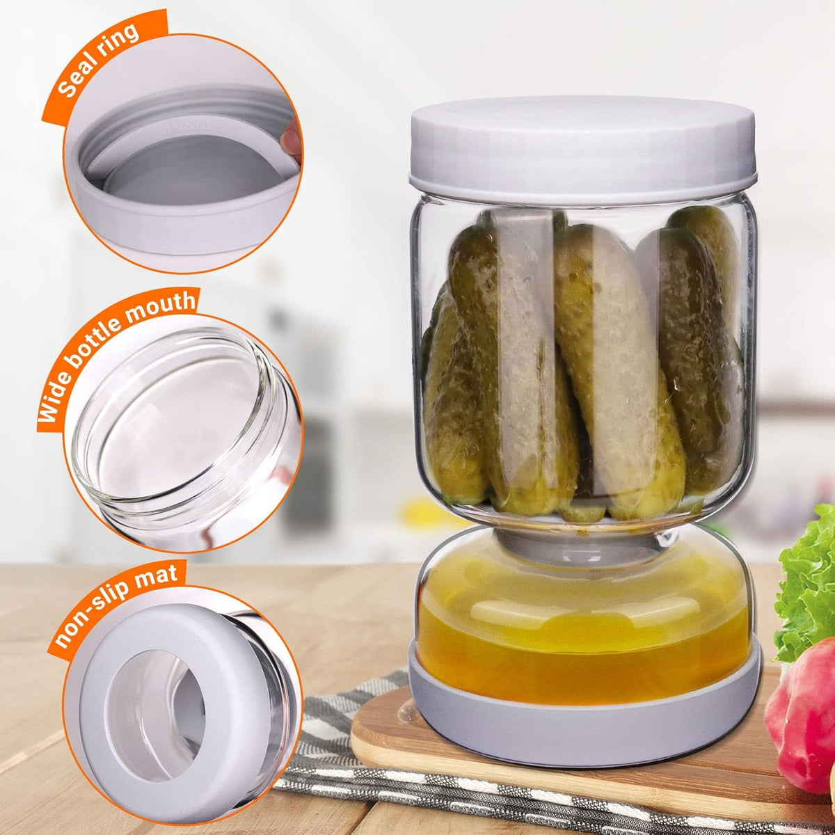 Pickle Jar, Pickle and Olive Hourglass Jar Pickle Juice Separator from Wet and Dry, Upgrade Food-grade ABS Lid and BPA Free Hourglass Pickle Jar for Airtight Food Storage 2 Pack