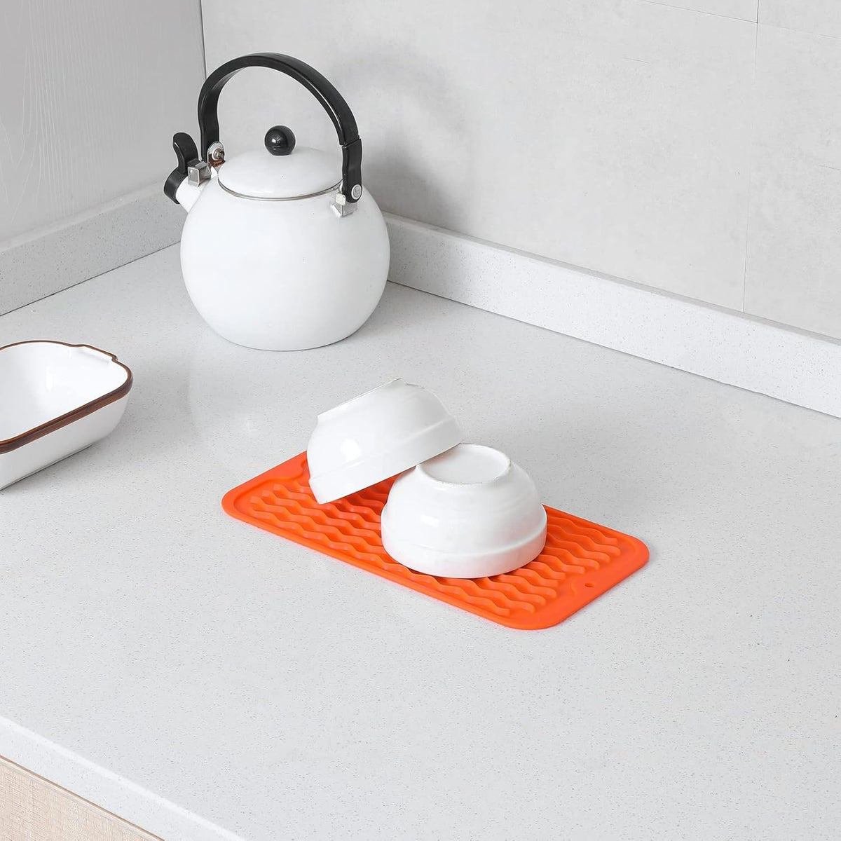 Silicone Dish Drying Mat for Multiple Usage,Easy clean,Eco-friendly,Heat-resistant Silicone Mat for Kitchen Counter or Sink,Refrigerator or Drawer Liner Orange S 12 inches x 6 inches