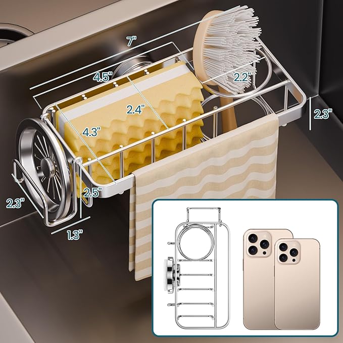TAILI Sponge Holder with Strong Suction Cup, 4-in-1 Rustproof Sink Organizer - Sink Caddy Holds Sponges, Brushes, Stoppers & Scrapers -Silver