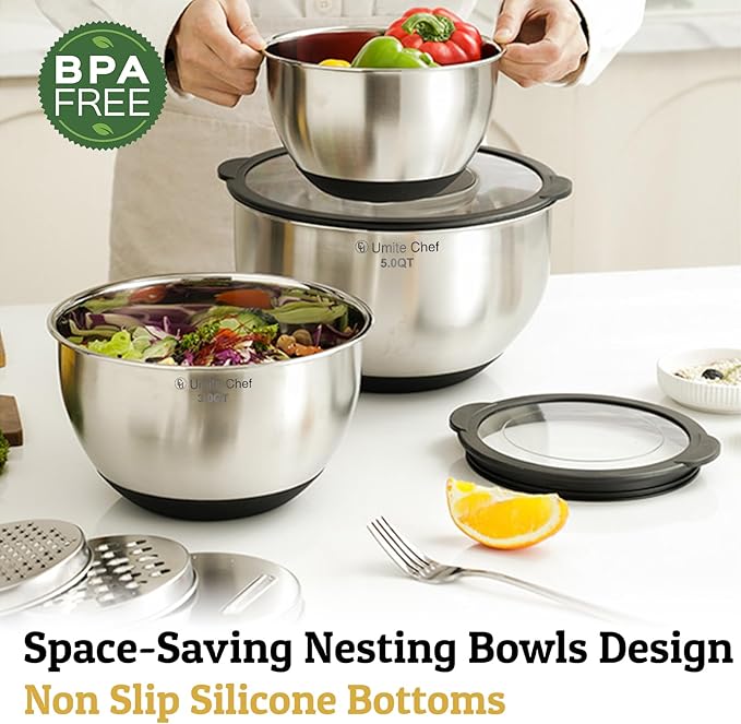 Mixing Bowls with Lids Set - Non-Slip, Airtight Warp-Proof TPR-AS Lids, Thicker Stainless Steel Bowls, Measurement Lines & 3 Graters, Prep Meal Bowl, Black Nesting Bowl for Kitchen, 5/3/2/1.5/0.63QT