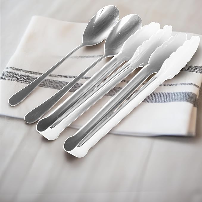 12PCS Stainless Steel Serving Utensils Sets with 8 Large Serving Spoons,4 Serving Tongs,Silver Serving Utensills Sets for Buffet Catering Banquet Party (Silver)