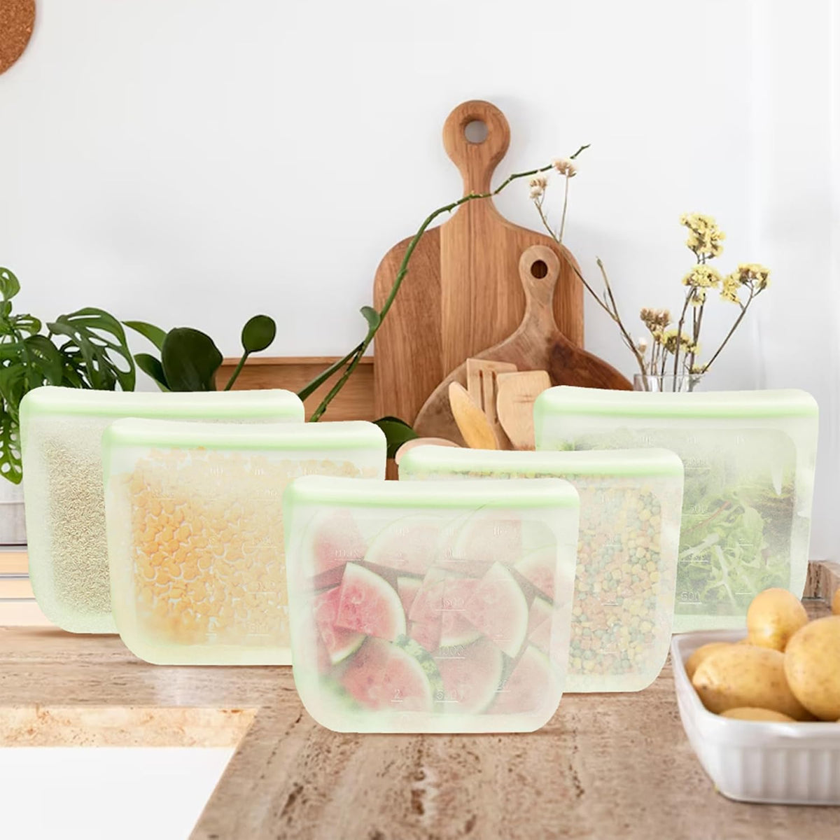 purifyou Set of 5 Reusable Silicone Storage Snack Bags 6oz / 16oz / 32oz / 64oz Self-Seal Food Storage Container for Fruits, Vegetables, Sandwiches, Dishwasher Safe & Leak-free (LimeCream, 646oz)