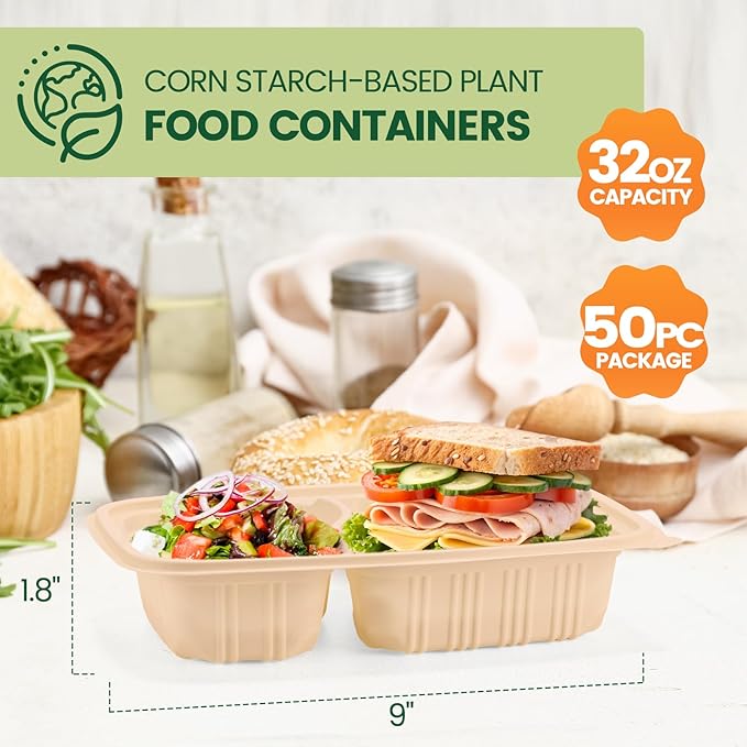 100 Piece (50 Pack) Meal Prep Containers Reusable - 2 Compartment 32 oz Cornstarch Snack Containers with Lids - Plastic Food Storage Salad Containers - To Go Lunch Box - Microwave & Freezer Safe