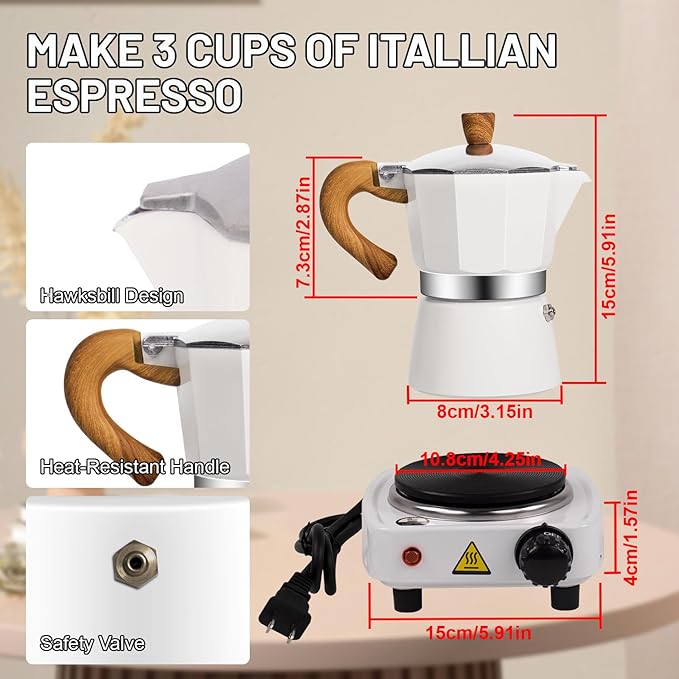 2-in-1 Moka Pot Espresso Set with Electric Stove 3 Cup Aluminum Stovetop Coffee Maker Percolator Italian Classic Mocha Coffee Machine for Italian and Cuban Cafe Brewing Portable Camping Travel