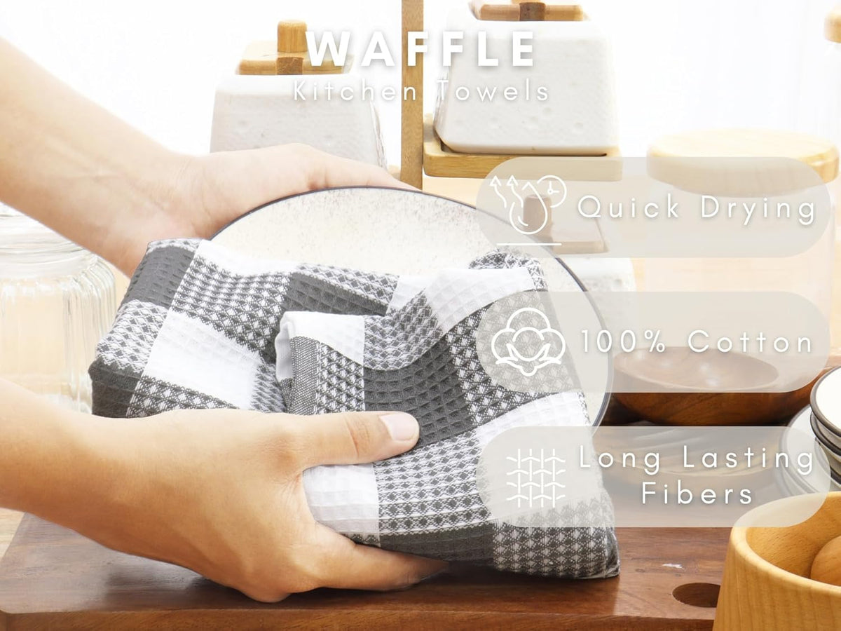 PurpleEssences 100% Cotton Waffle Weave Check Plaid Kitchen Towels, Super Soft and Absorbent Dish Towels for Drying Dishes 15 x 25-6 Pack - Spring Summer - Steel Grey and White